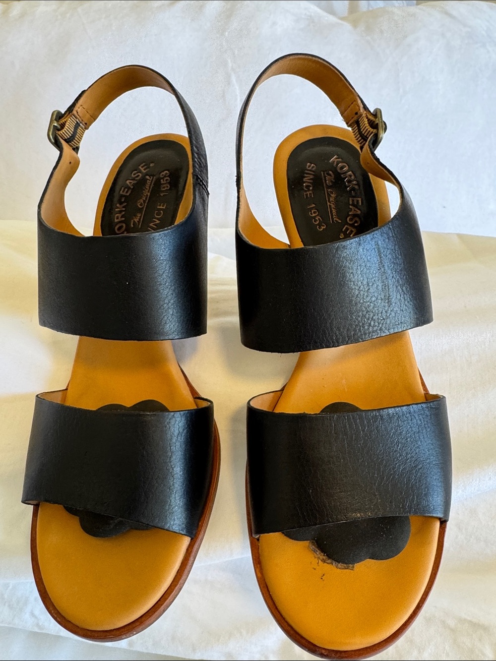 Kork-Ease Black Leather Two-Band Slingback Sandals with Tan Footbed
